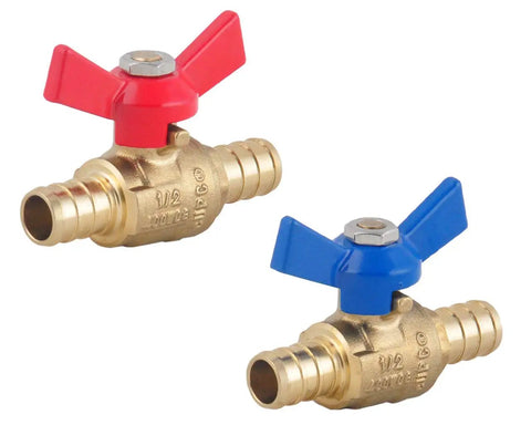 One Half Inch PEX Brass Ball Valve Two Pack With Red And Blue T Handle, DIY Friendly Shut Off PEX Barb Water Valve