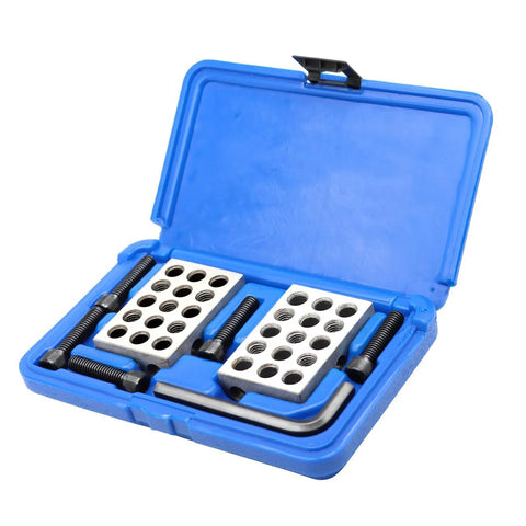 Parallel block set in blue case; two metal 1 x 2 x 3-in blocks with 23 holes and screws