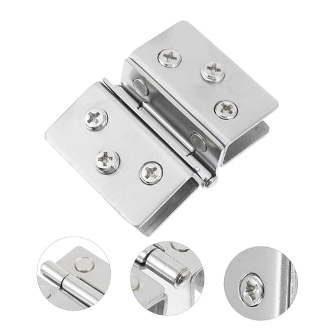 Front view of 2pc stainless steel double-side hinge for glass doors with screws