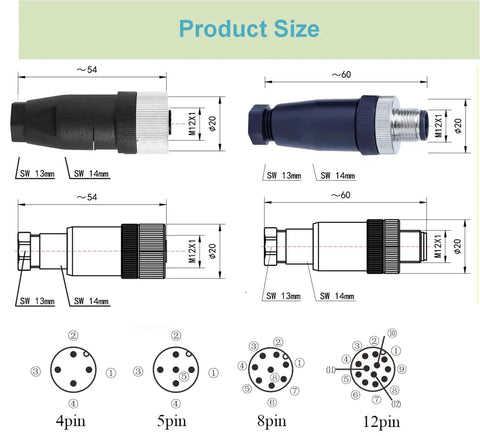 Product diagram showing dimensions of 10 Pack M12 5 Pin Panel Mount Aviation Connectors Set Straight Male And Female Waterproof IP67 Circular Wire Connector.