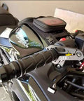 Close-up of Universal Motorcycle Cruise Control with Aluminum Wrist Grip Lock Clamp and Silicone Ring Protector on handlebars.