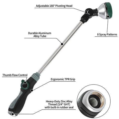 24 Inch Garden Hose Watering Wand With 8 Spray Patterns, Thumb Flow Control, pivoting head, ergonomic TPR handle design