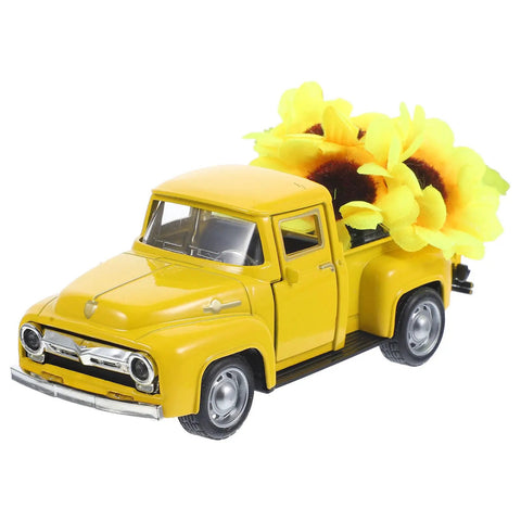 Yellow Metal Truck Decor With Artificial Sunflowers Vintage Farmhouse Charm Tiered Tray Ornament