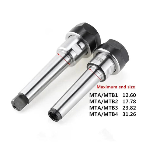 One Pc Cnc Machining Center Er Tool Holder For Lathe Spindle Mtb Taper showing two MTB taper ER tool holders with end size measurements.