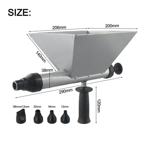 Heavy Duty Mortar Sprayer Electric Drill Attachment For Stucco Plastering Concrete showing dimensions and five precision tips.