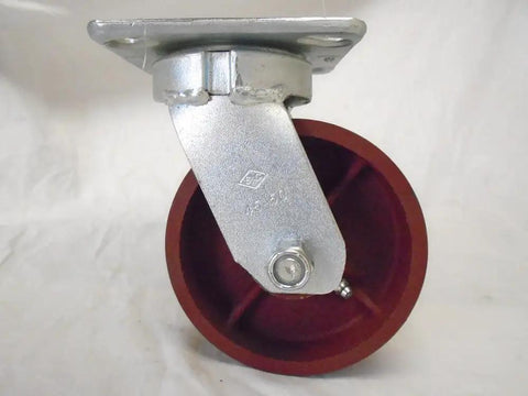 Built Like A Tank Set Of Four Five X Two Inch Swivel Casters Kingpinless Ductile Steel Frame red wheel side view