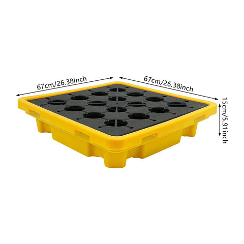 Spill Containment Pallet With Drain 26.4 By 26.4 By 5.9 Inches HDPE Leak Containment Tray with anti-slip surface, yellow