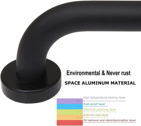 Close-up of black stainless steel shower grab bar with rust-proof coating, part of Two Pack 24 Inch Black Stainless Steel Shower Grab Bars.