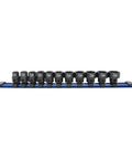 Tough Nano Socket Set With 3/8 Inch Drive To Grab Swollen Corroded And Stripped Vehicle Bolts on organizer rail, black Cro-Mo material.