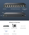 Eight PoE Ports Network Switch With Two Gigabit Uplinks For IP Cameras And NVR, IEEE 802.3af, 802.3at, 120W, metal casing