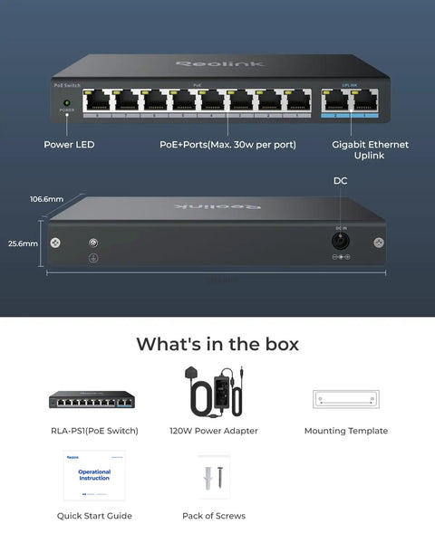 Eight PoE Ports Network Switch With Two Gigabit Uplinks For IP Cameras And NVR, IEEE 802.3af, 802.3at, 120W, metal casing