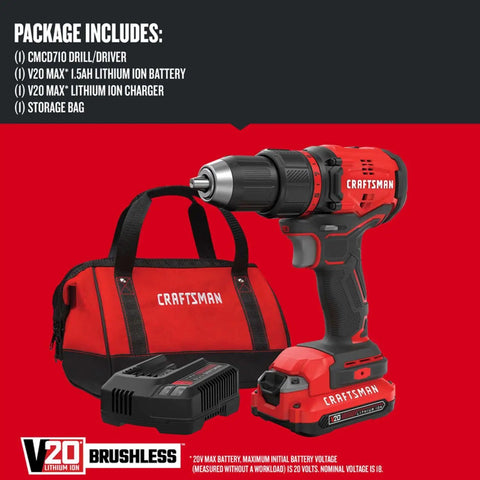 V20 Cordless Drill and Driver Kit Half-Inch Brushless Motor 350 UWA Two-Speed 0-600 and 0-900 RPM Battery and Charger Included
