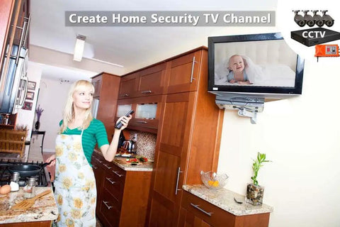 Woman using remote in kitchen with baby on TV screen, suited for HDMI To RCA To RF Modulator Coaxial UHF Converter Adapter use.