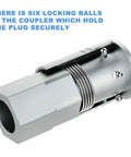 Close-up of Heavy Duty 3 By 8 Inch High Flow Air Coupler With 1 By 4 Inch NPT Threads showing six locking balls mechanism.