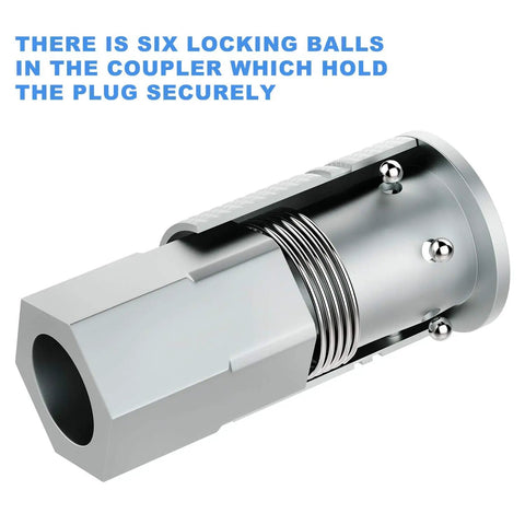 Close-up of Heavy Duty 3 By 8 Inch High Flow Air Coupler With 1 By 4 Inch NPT Threads showing six locking balls mechanism.