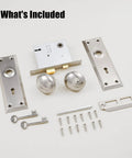 Three Pack Mortise Lock Set For Interior Doors With Privacy Lock And Skeleton Key Old School Style Door Knobs In Brushed Nickel Finish components
