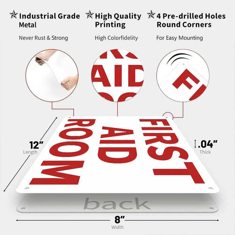 Rugged Rust-Proof Aluminum First Aid Room Sign For Office, Factory, Warehouse, And Workshop - 12 By 8 Inches with pre-drilled holes.