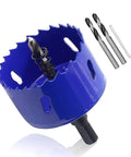 Front view of blue Luomorgo 2 3/8 in (60 mm) bi-metal hole saw with hex shank; includes two drill bits and an Allen key