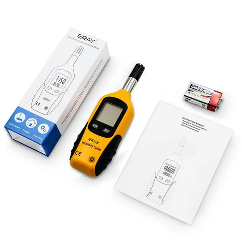 Beast All In One Digital Psychrometer Thermometer And Humidity Meter With Backlight Dew Point And Wet Bulb Readouts 9V Battery Included Yellow Display For Home Garage Workshop Lab with manual and packaging