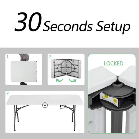 Setup process of Six Foot Foldable Outdoor Camping Table Plastic White Square For Picnics Parties And Quick Setups Portable.