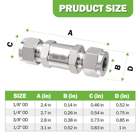 Goldpea 304 stainless steel compression check valve, 3/8 in OD, side view, Amazon brand, 1-pack.
