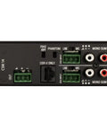 Rear view of 4-Input 1-Output Pro Audio Mixer, 1U Rackmount, fanless design, with Euroblock mic line I O, RCA unbalanced inputs.