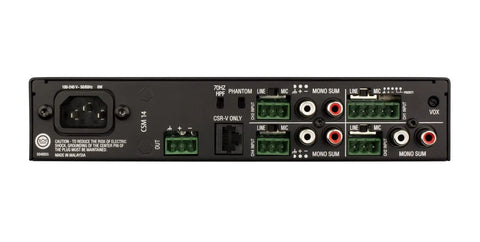 Rear view of 4-Input 1-Output Pro Audio Mixer, 1U Rackmount, fanless design, with Euroblock mic line I O, RCA unbalanced inputs.