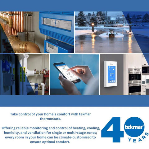 Tekmar universal temperature sensor 071; collage of blue control units, wall thermostat, and smartphone app