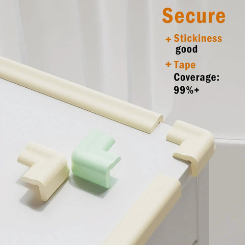 Foolproof Nbr Foam Edge Guards For Baby Proofing Living Space Plus Four Molded Corner Bumpers High Density Shock Absorbing Padding To Block Sharp Table Edges In Warm Beige on a table.
