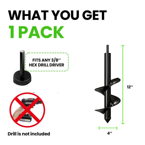 Auger Drill Bit For Planting 4 X 12 Inch Garden Spiral Hole Planter displayed with 3/8 inch hex drive compatibility and dimensions