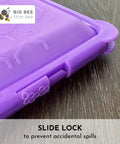 SoftShell Reusable Silicone Food Storage Container With Connected Clamshell Lid Snap Closure Keeps Lids Attached No Lid Drama Leak Resistant Not Leak Proof Easy Clean Travel Ready Meal Prep Microwave Freezer And Dishwasher Safe purple container with slide lock detail