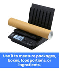 Top Notch Digital Postal Shipping Scale For Boxes And Parcel Mailing 55 Lb Capacity With Dead On 0.01 Lb Precision showing a rolled package.