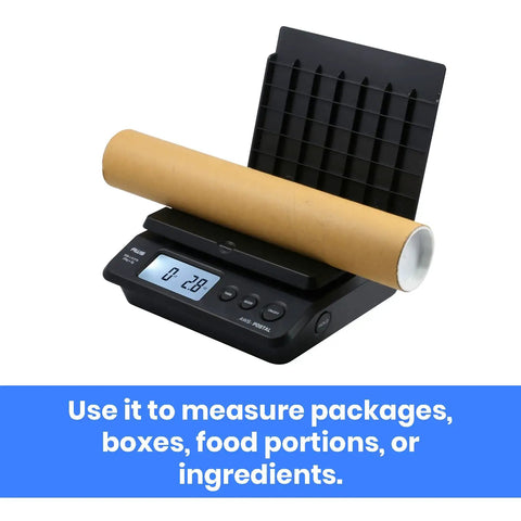 Top Notch Digital Postal Shipping Scale For Boxes And Parcel Mailing 55 Lb Capacity With Dead On 0.01 Lb Precision showing a rolled package.