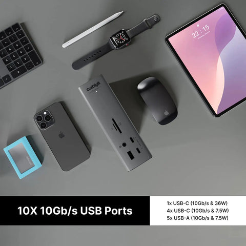 Thunderbolt Five Dock Packing Twenty Ports And Ten Gigabit Ethernet Kickass Connectivity Straight Up Powerhouse Hub USB C and A Fast Data Sync SD Card Reader DisplayPort Two Point One in an organized desktop setup.