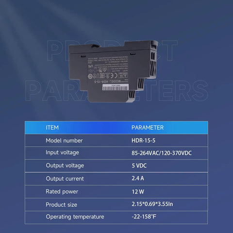 Heavy Duty Din Rail Switching Power Supply 12w 5v 2.4a Ac Dc Adapter Ul Certified model HDR-15-5 with specified parameters.