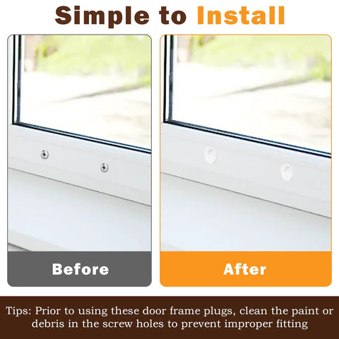 Before and after using 50 Pack White Silicone Door Hole Plugs For Entry Door Frames Fits Five Sixteenth Inch And Quarter Inch Screw Holes