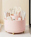 Rotating Desk Organizer With Six Compartments For Makeup Skincare Art Supplies And Office Gear Three Color Options Swivel Pen Holder And Multipurpose Storage For Markers Brushes Scraps And Essentials, pink on desk