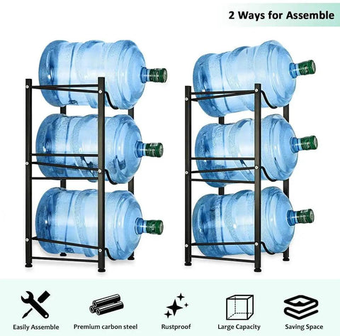 Beefy Heavy Duty 5 Gallon Water Bottle Rack With Detachable 3 Tier Stand For Home And Office, holding six blue water jugs.