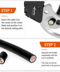 Heavy Duty Ratcheting Cable Cutter Cuts Copper And Aluminum Wire Up To 600 Mcm Pro Electrician Tool showing cutting steps with cable.