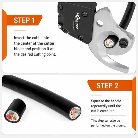 Heavy Duty Ratcheting Cable Cutter Cuts Copper And Aluminum Wire Up To 600 Mcm Pro Electrician Tool showing cutting steps with cable.