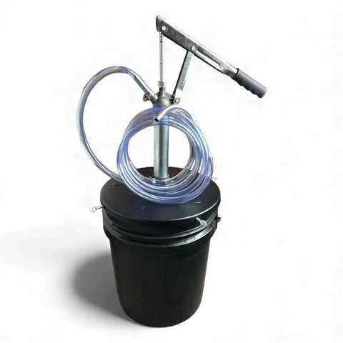 Lever Action 5 Gallon Pump For Oils And Lubricants, Self Priming, 1 Qt Per 12 Strokes, with coiled 5 ft hose on bucket