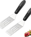 2-piece mini stainless steel slotted spatula set with black handles, front view