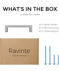 Packaging of 30 Pack Solid 3 Inch Center To Center Slim Square Bar Drawer Handles In Brushed Nickel with screws included.