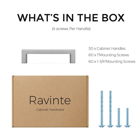 Packaging of 30 Pack Solid 3 Inch Center To Center Slim Square Bar Drawer Handles In Brushed Nickel with screws included.