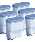 Premium Water Filter Cartridge For Coffee Maker Softens Hard Tap Water in a pack of six, featuring blue caps for easy installation.