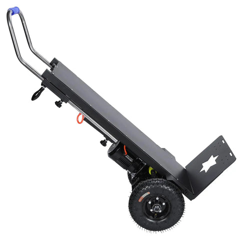 Powerful 1500W Motorized Stair Climbing Hand Truck Dolly Cart For Heavy Loads Up To 880 Lbs Ideal For Moving Furniture Appliances And Inventory Across Floors With Easy Control And Durable Construction. Electric stair-climbing dolly with steel frame and wheel.