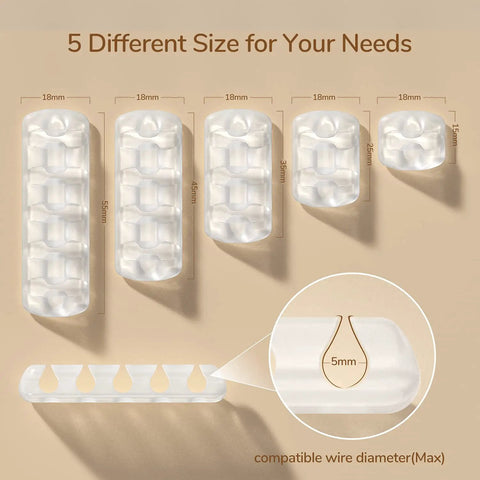 Clear Cable Clips Set With 15 Slots, Five Pack Self Adhesive Cord Management Organizers showing various sizes and slot details.