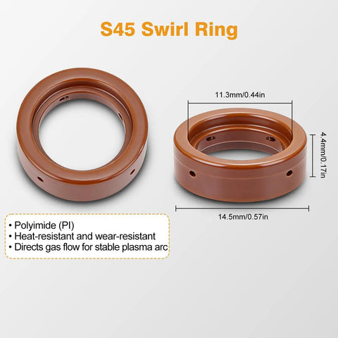 S45 swirl ring dimensions from 6 Piece S45 Plasma Cutter Torch Consumables Kit Including Retaining Cap Stand Off and Swirl Ring.