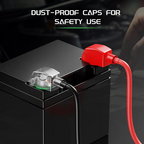 Heavy Duty Copper Battery Terminal Connectors Kit With 2 Gauge 3 8 Inch Positive Negative Lugs Heat Shrink Sleeves, black and red connectors on battery.