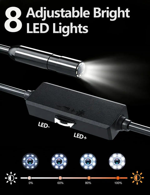 Endoscope Camera 5.5mm with 1920P HD Borescope, 8 Adjustable LED Lights, Semi-Rigid Snake Cable, IP67 Waterproof, 16.4ft Cable, Single Lens, Works with iOS and Android, Plug And Play Via UseePlus App on cable and light control unit